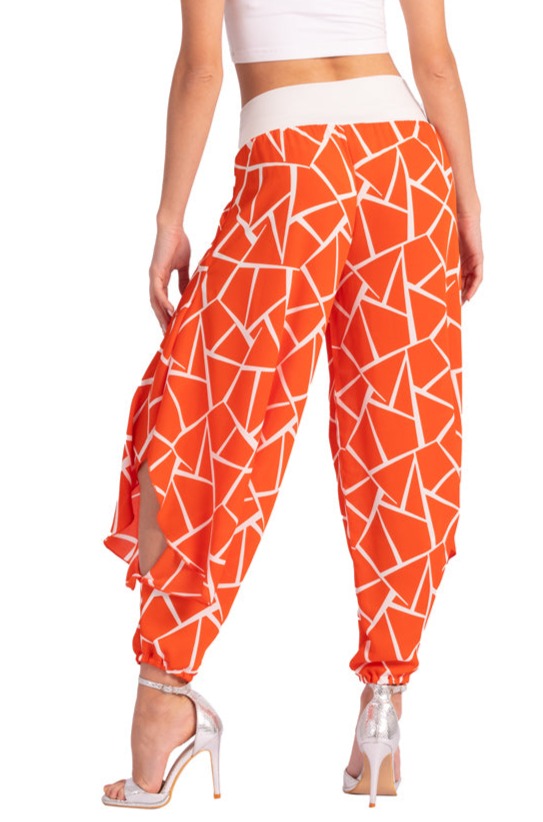 Coral Geometric Print Pants With Slits