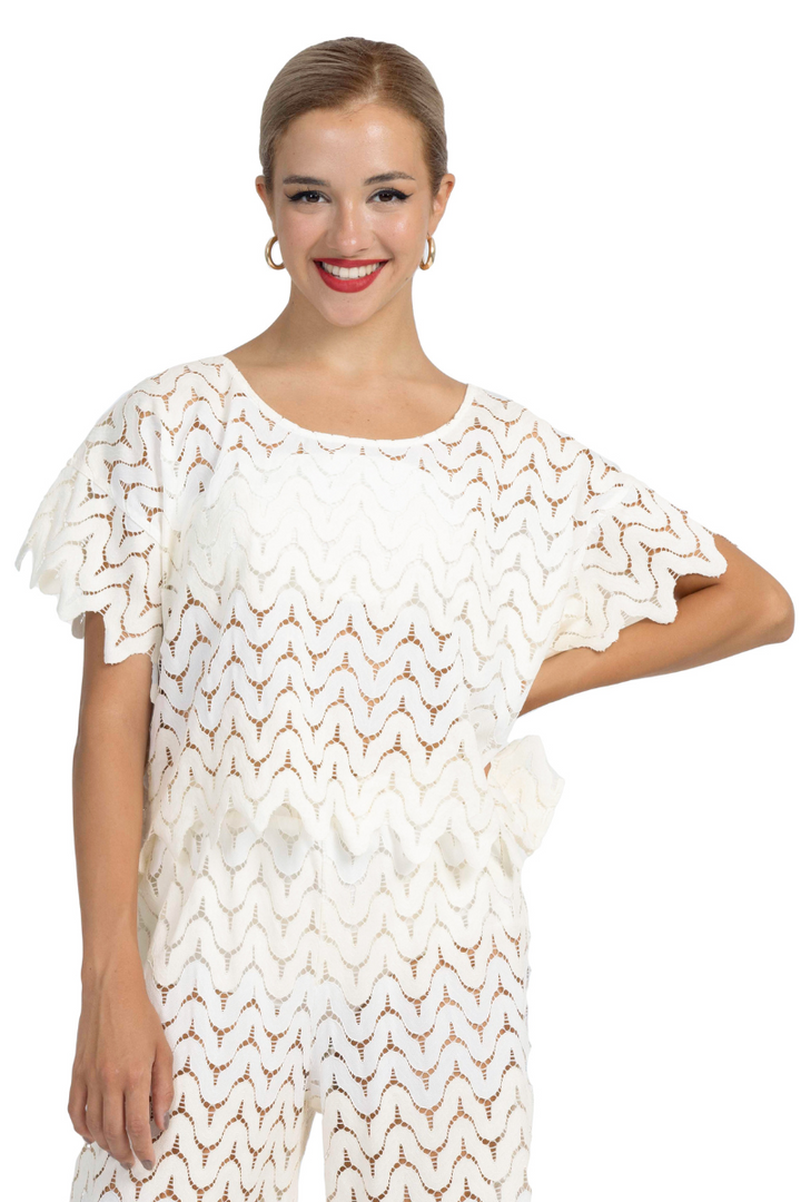 Cream and Off-White Zig-Zag Lace Boxy Crop Top