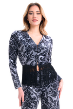 Load image into Gallery viewer, Damask Print Long Sleeve Fringed Hem Top