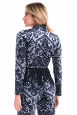 Load image into Gallery viewer, Damask Print Long Sleeve Fringed Hem Top