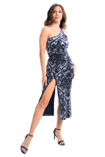 Load image into Gallery viewer, Damask Print Velvet One-Shoulder Tango Dress With Slits