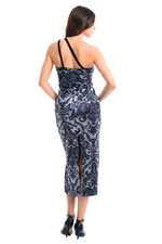 Load image into Gallery viewer, Damask Print Velvet One-Shoulder Tango Dress With Slits