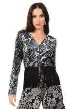 Load image into Gallery viewer, Damask Print Long Sleeve Fringed Hem Top