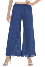 Load image into Gallery viewer, Dark Blue Eyelet Embroidery Wide Leg Pants