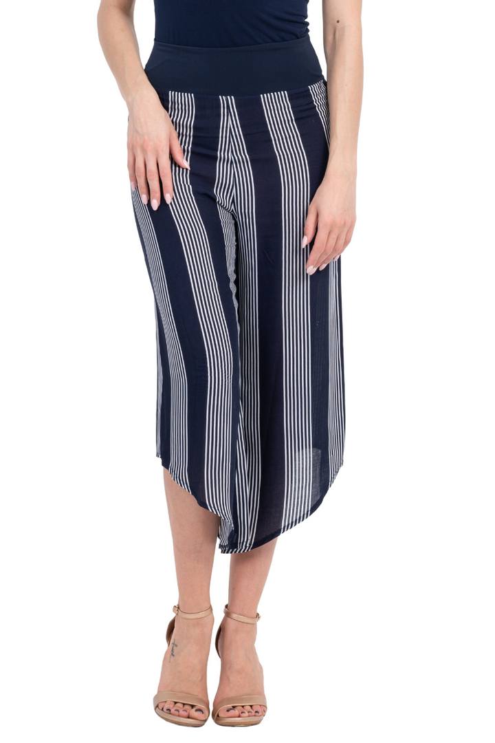 Dark Blue Striped Asymmetric Cropped Pants