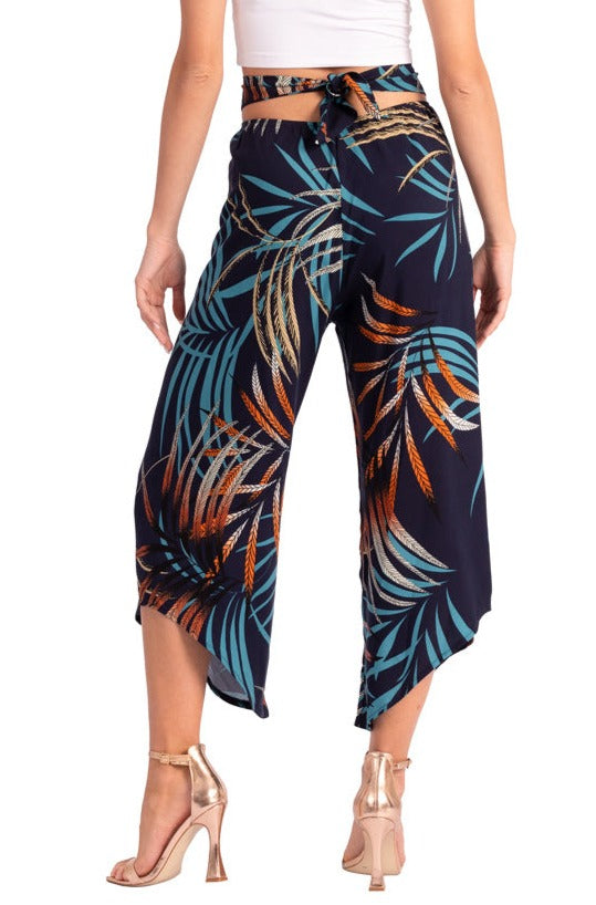 Dark Blue Waist Tie Tropical Print Asymmetric Cropped Pants