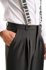 Load image into Gallery viewer, Dark Grey Pinstriped Men's Tango Pants With Three Pleats