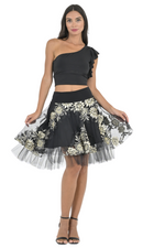 Load image into Gallery viewer, Gold Floral Embroidered Tulle Above-Knee Skirt
