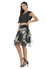 Load image into Gallery viewer, Gold Floral Embroidered Tulle Above-Knee Skirt
