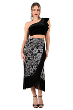 Load image into Gallery viewer, Floral Velvet Wrap Effect Dance Skirt With Fringe