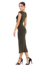 Load image into Gallery viewer, Gold Shinny V-neck Midi Dress With High Side Slit

