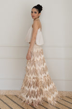Load image into Gallery viewer, Golden Beige Sparkling Fringe Boho Maxi Skirt
