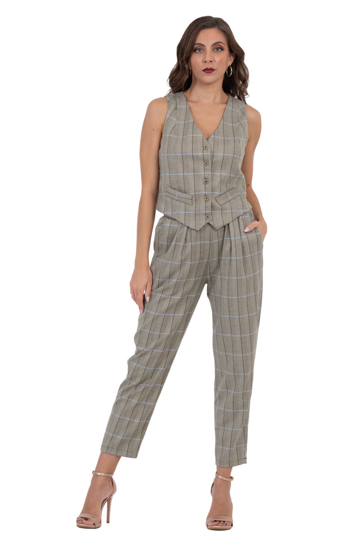 Greige Plaid Women's Tailored Trousers
