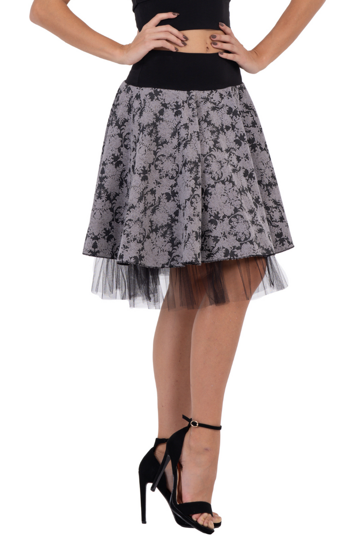 Grey Floral Brocade & Tulle Two-layer Rock 'n' Roll Skirt