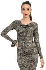 Load image into Gallery viewer, Lace Print Draped Neckline Long Sleeve Top

