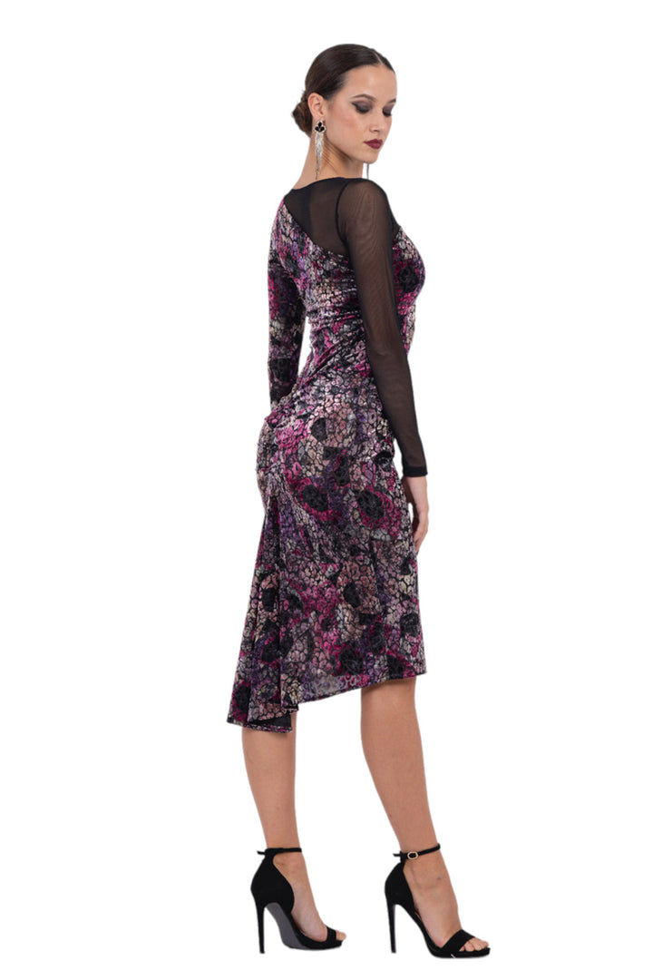 Long-Sleeve Printed Velvet Fishtail Dress With Mesh Details
