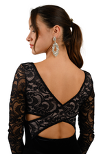 Load image into Gallery viewer, Long Sleeve Velvet & Lace Dress with Crisscross Back