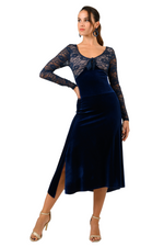 Load image into Gallery viewer, Long Sleeve Velvet & Lace Dress with Crisscross Back