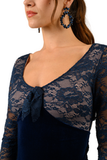 Load image into Gallery viewer, Long Sleeve Velvet & Lace Dress with Crisscross Back