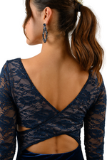 Load image into Gallery viewer, Long Sleeve Velvet & Lace Dress with Crisscross Back