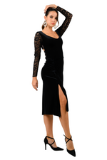 Load image into Gallery viewer, Long Sleeve Velvet & Lace Dress with Crisscross Back