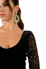 Load image into Gallery viewer, Long Sleeve Velvet & Lace Dress with Crisscross Back