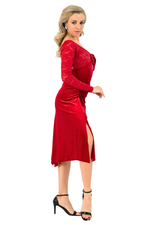Load image into Gallery viewer, Long Sleeve Velvet & Lace Dress with Crisscross Back