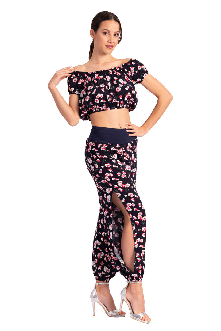 Mexican Style Off-The-Shoulder Dark Blue Floral Print Crop Top