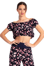 Load image into Gallery viewer, Mexican Style Off-The-Shoulder Dark Blue Floral Print Crop Top
