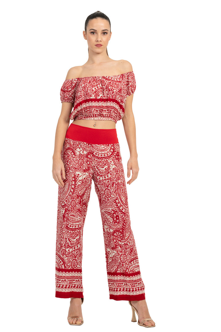 Mexican Style Off-The-Shoulder Mandala Paisley Print Crop Top
