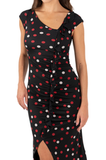 Load image into Gallery viewer, Black dress with red and white polka dots on a white background