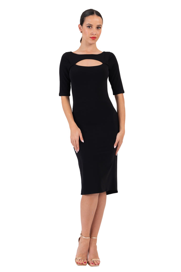Monochrome Front Cutout Fishtail Dress With Sleeves
