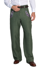 Load image into Gallery viewer, Moss Green Men's Tango Pants With Satin Purple Paisley Details