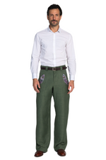 Load image into Gallery viewer, Moss Green Men's Tango Pants With Satin Purple Paisley Details