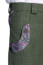 Load image into Gallery viewer, Moss Green Men's Tango Pants With Satin Purple Paisley Details
