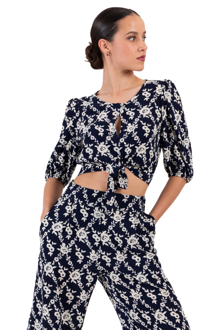 Navy Blue Floral Crop Top With Elbow Sleeves
