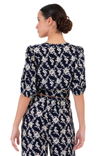 Load image into Gallery viewer, Navy Blue Floral Crop Top With Elbow Sleeves
