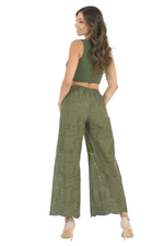 Load image into Gallery viewer, Olive Green Eyelet Embroidery Wide Leg Pants