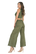 Load image into Gallery viewer, Olive Green Eyelet Embroidery Wide Leg Pants
