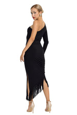 Load image into Gallery viewer, One-Sleeved Asymmetric Midi Tango Dress With Fringe