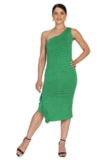Load image into Gallery viewer, Green Polka Dot One-Shoulder Midi Dress With Side Ruffles