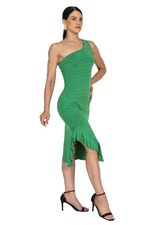 Load image into Gallery viewer, Green Polka Dot One-Shoulder Midi Dress With Side Ruffles