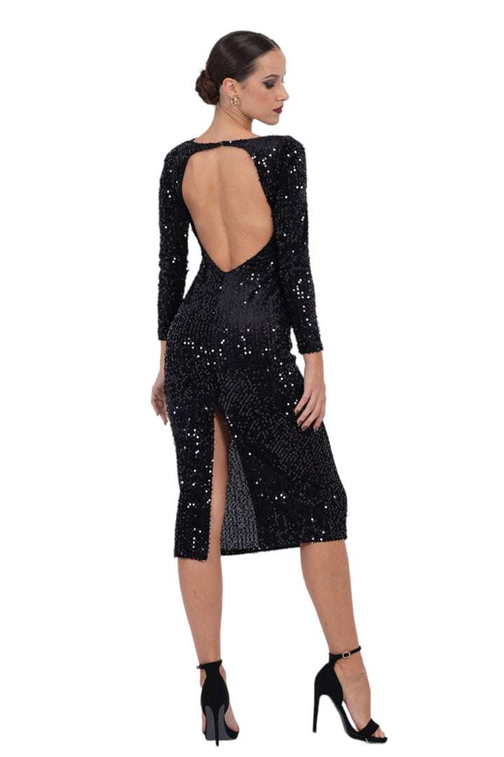 Open Back Sequin Dress With Sleeves