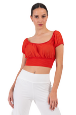 Load image into Gallery viewer, Orange Polka Dot Ruffled Off-The-Shoulder Crop Top
