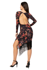Load image into Gallery viewer, Oriental Floral Print Open Back Dress With Fringes