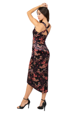 Load image into Gallery viewer, Oriental Floral Print Velvet Dress With Curved Slit