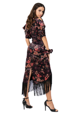 Load image into Gallery viewer, Oriental Floral Print Velvet Wrap Skirt With Fringe