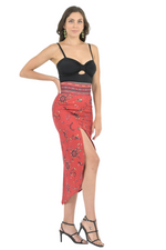 Load image into Gallery viewer, Red Ethnic Print Tango Skirt With Curved Front Slit