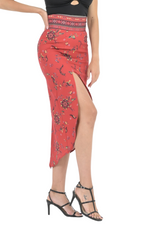 Load image into Gallery viewer, Red Ethnic Print Tango Skirt With Curved Front Slit