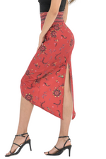 Load image into Gallery viewer, Red Ethnic Print Tango Skirt With Curved Front Slit